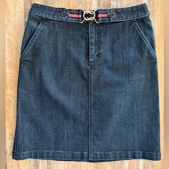 Talbots Dresses & Skirts - Talbots Dark Wash Denim Stretch Pencil Skirt Size 6 Gold Buckle Belt Accent